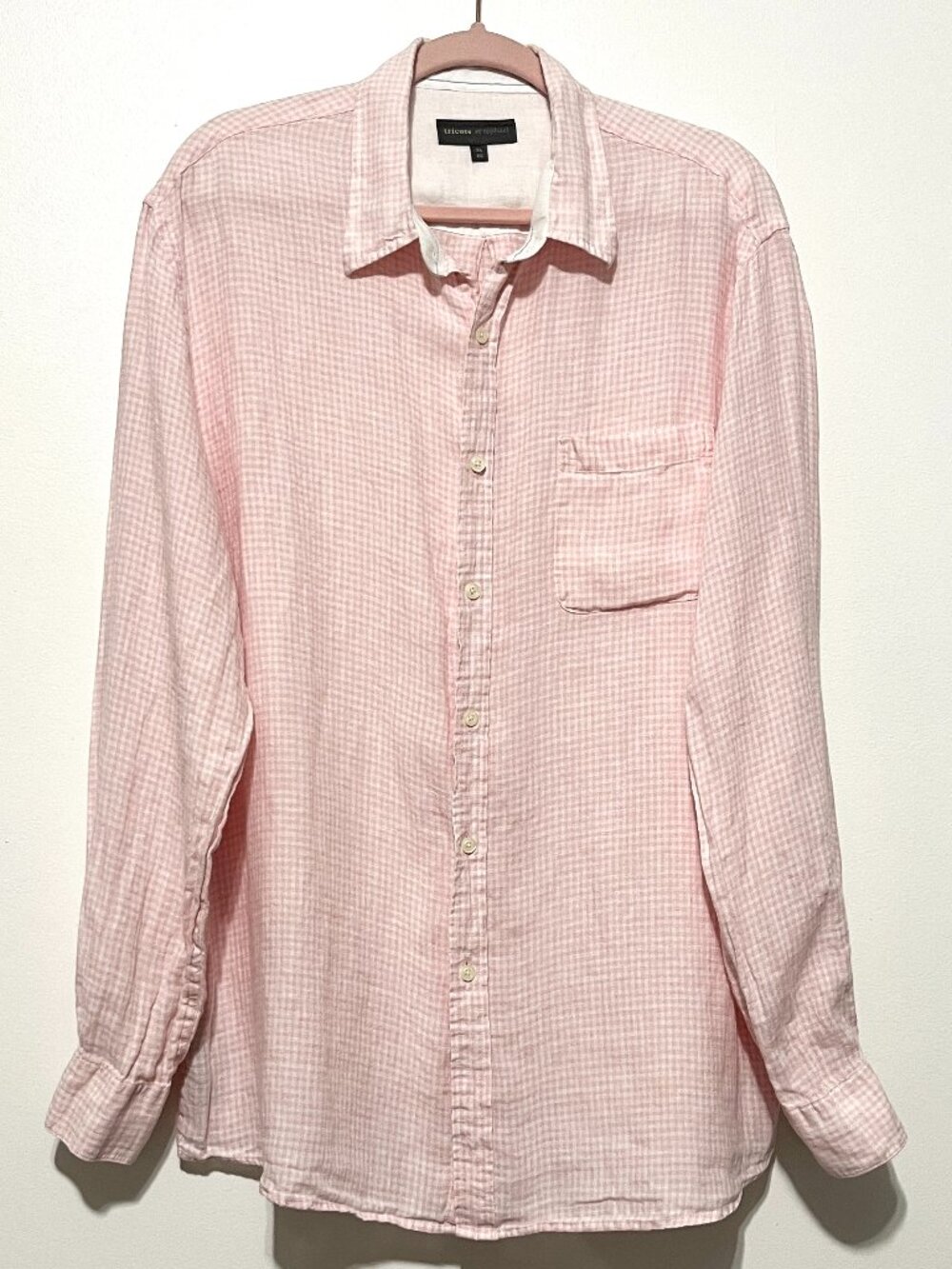 Mens Linen Button Up Shirt XL Preppy Pink Gingham Plaid Derby Office Business